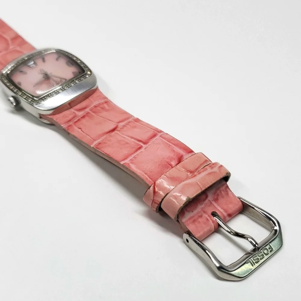 Vintage Fossil Watch F² ES9720 Salmon Leather Wristband Pink Mother of Pearl